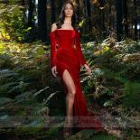 Red Off Shoulder Velour Evening Dresses For Women 2022 Floor Length  Side Split Boat Neck Formal Party Gowns فستان 