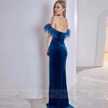  Blue Velour Mermaid Evening Dresses Off Shoulder Side Split Party Dress Floor Length Feathers Zipper Back فساتين 