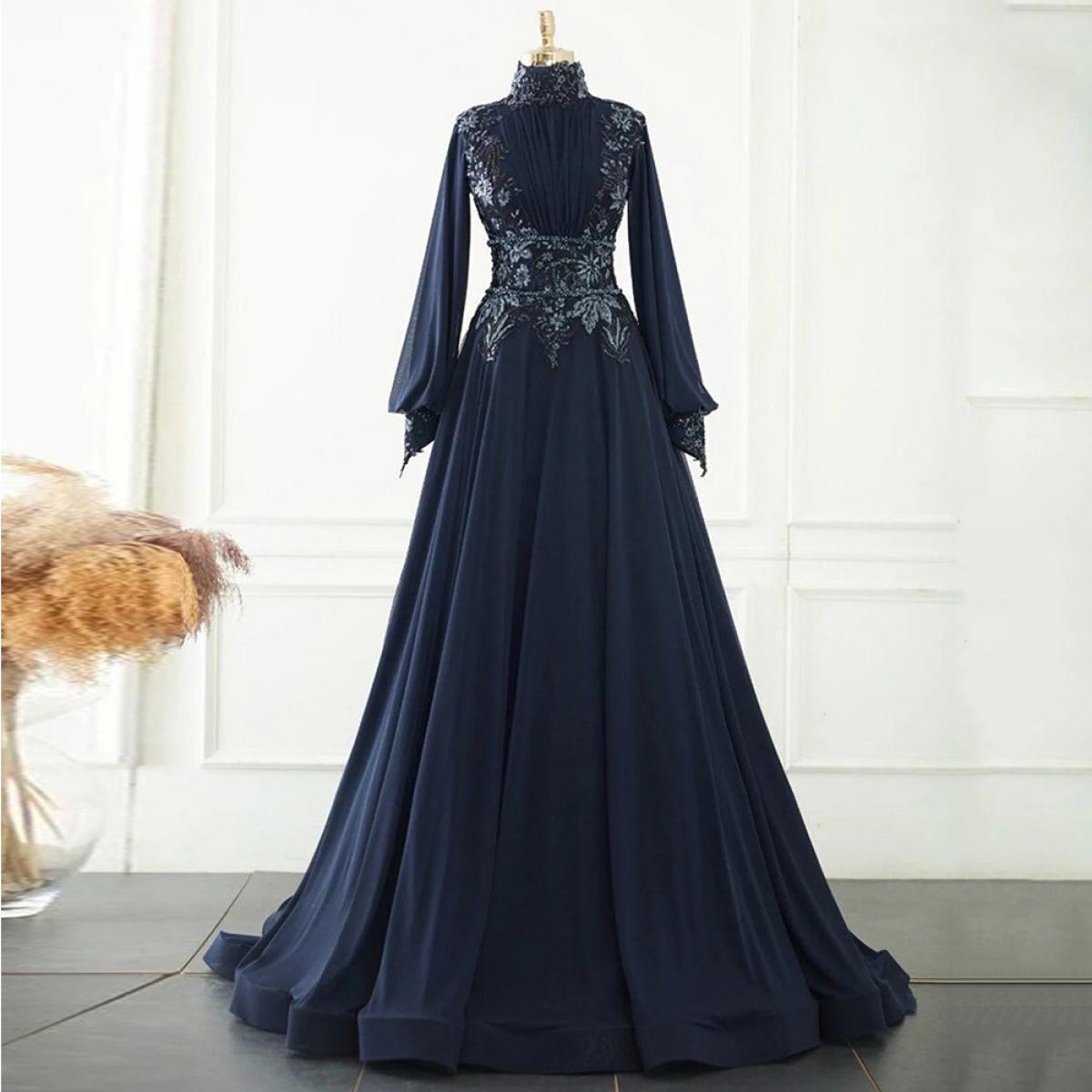 A Line Chiffon Muslim Evening Dresses High Neck Floor Length 2022 Moroccan Caftan Full Sleeve Formal Party Gowns Robe De