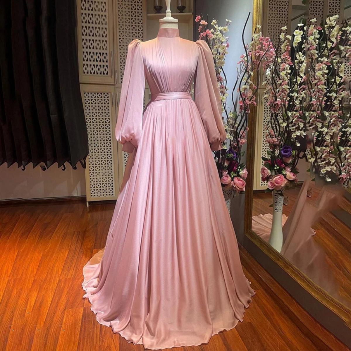 Elegant Pink Muslim Evening Dresses Women 2022 Chiffon Floor Length High Neck Women's Evening Dress Full Sleeves فست