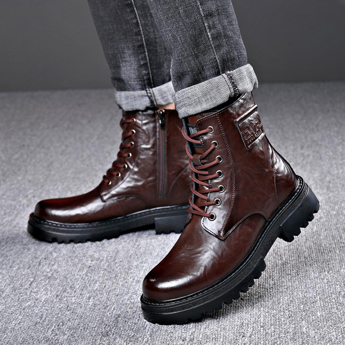 Mid High Cut Martin Boots For Men's English Style Thick Soles High End Genuine Leather Retro Soft Cowhide  Work Men