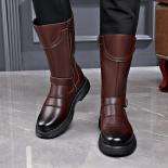Botas de vaquero de cuero suave para hombre, botas de motociclista de cuero con suela gruesa, conducción elevada, parte superior