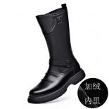 Cowboy Boots Men's Soft Leather Thick Soled Leather Motorcycle Rider Boots Elevated Riding High Barrel Top Plush Martin 