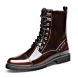 Martin Boots Men's Genuine Leather Plus Fleece Shiny Leather Mid Top Soft Leather With Elevated Side Zipper High Top Wor