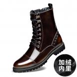 Martin Boots Men's Genuine Leather Plus Fleece Shiny Leather Mid Top Soft Leather With Elevated Side Zipper High Top Wor
