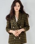 Shenghong 23 nuevo otoño verde fruta Collar Tweed a cuadros Color brillante desplazamientos pequeño traje chaqueta con temperame