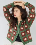 23 Autumn New Three-dimensional Crochet Texture Color Matching Shell Buckle Retro Lazy Sweater Jacket Knitted Cardigan F