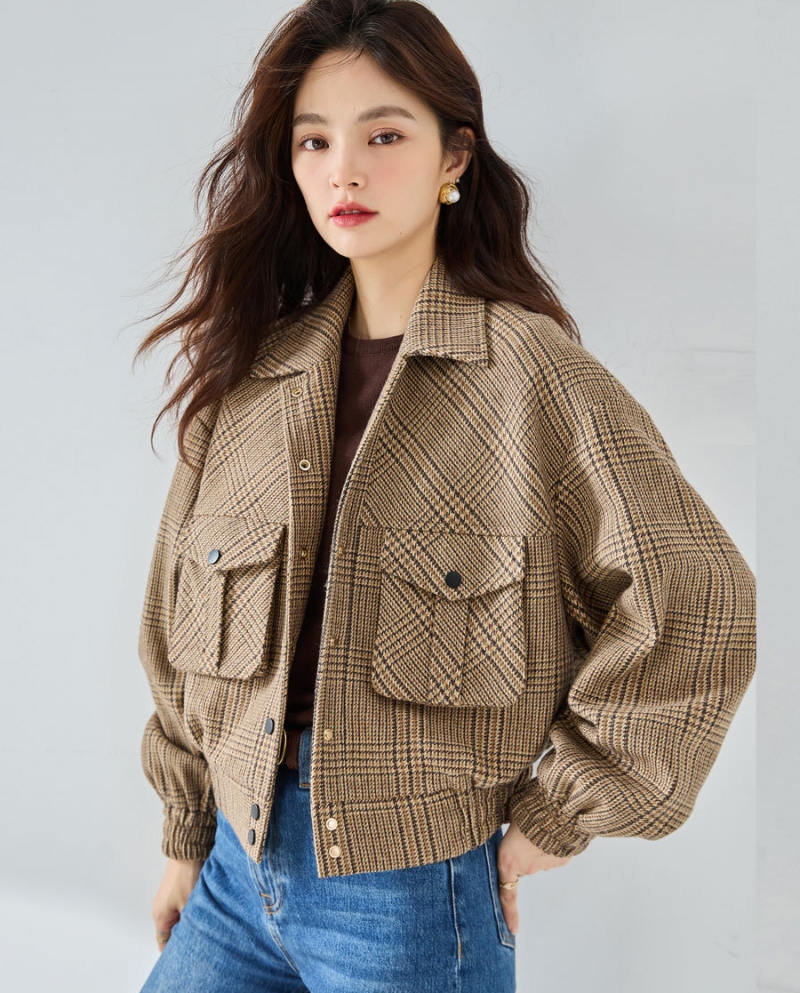 23 New Autumn Handsome Temperament Three-dimensional Tailoring Retro Plaid Small Tall Wool Short Cool Jacket 23058