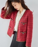 23 Autumn New Style Retro Temperament V-neck Braided Tweed Red Small * Fragrant Style Short Top Jacket For Women 22015