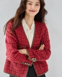 23 Autumn New Style Retro Temperament V-neck Braided Tweed Red Small * Fragrant Style Short Top Jacket For Women 22015