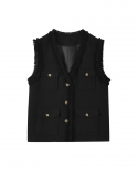 23 outono lã pequena * fragrância colete preto tweed versátil fino com decote em v colete jaqueta feminina 15186