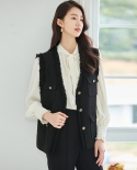 23 Autumn Wool Small* Fragrance Vest Black Tweed Versatile Slim V-neck Vest Vest Jacket Women 15186