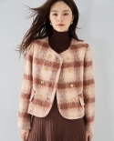 23 invierno nueva chaqueta con fragancia a cuadros gradiente de doble botonadura con cuello redondo abrigo corto de lana reducto