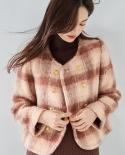 23 invierno nueva chaqueta con fragancia a cuadros gradiente de doble botonadura con cuello redondo abrigo corto de lana reducto