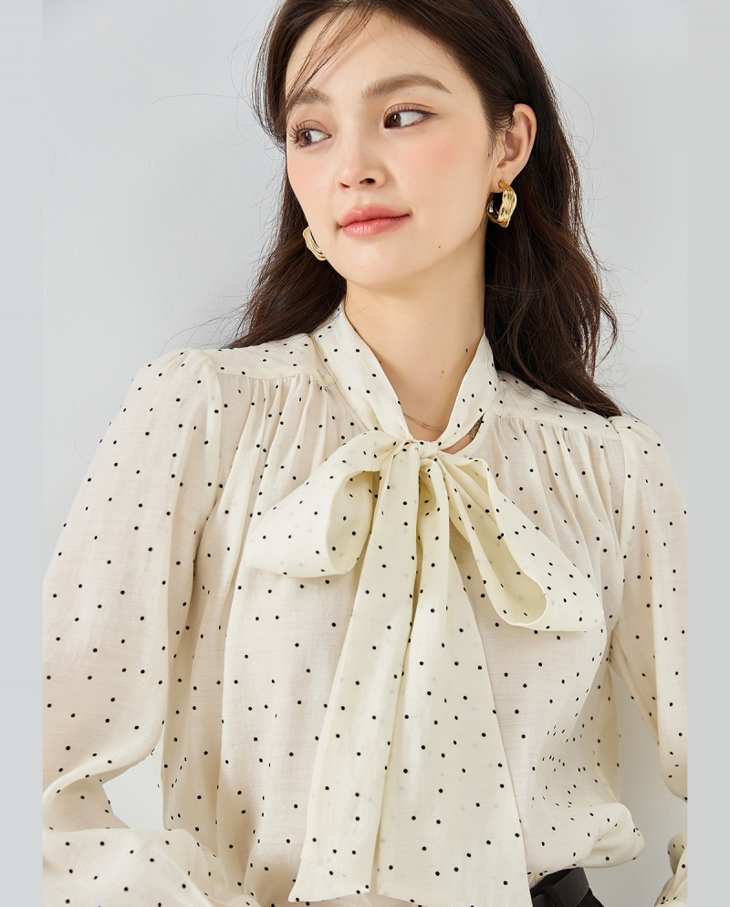 23 Autumn New Sweet And Versatile Polka Dot Shirt Bow Ribbon Long-sleeved Shirt Temperament Commuting 15373