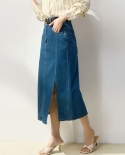 23 Autumn New Commuting Soft And Comfortable Washed Retro Denim Mid-length Slit Slimming Skirt 10433-1