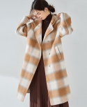 23 New Autumn And Winter Plaid Hooded Drop Shoulder Horn Button Gradient Plaid Temperament Mid-length Wool Alpaca Coat 2