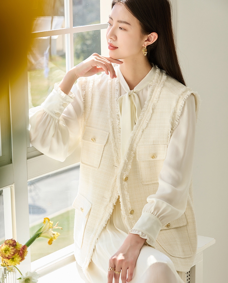 23 Autumn Wool Small* Fragrance Vest White Tweed Versatile Slim V-neck Vest Vest Jacket Women 15186