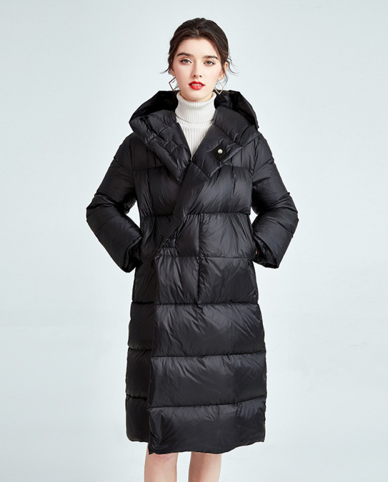 Down Jacket Women's Mid-length  And  Thickened Winter New Loose Slimming White Duck Down Hooded Women's Jacket
