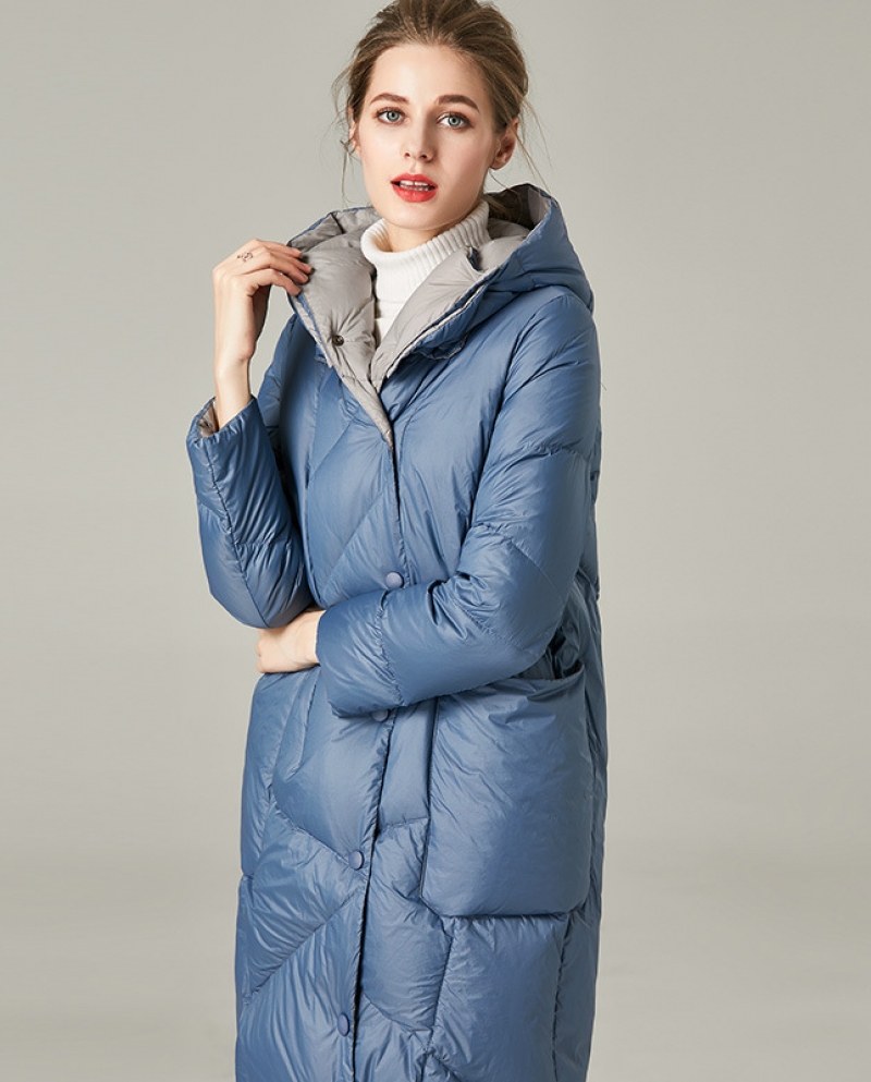 Down Jacket Women's Mid-length New Autumn And Winter Hooded Thickened Fashionable Loose Cocoon Blue Jacket Wholesale