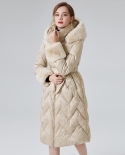 מעיל פוך לנשים אופנה יוקרתית לחורף חדש מעובה בסגנון ארוך סגנון חם מותניים מעיל לחם עם ברדס לנשים