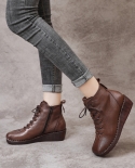  Autumn And Winter New Style Retro Style Soft Cowhide Women's Boots Wedge Heel Soft Sole Plus Velvet Lace-up Cotton Boot