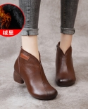 Autumn And Winter New Retro Style Women's Boots Thick Medium Heel Plus Velvet Cotton Boots Douyin Popular Cowhide Women
