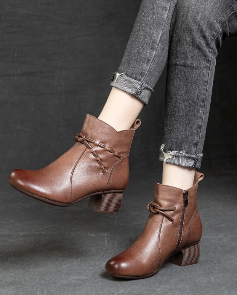 Autumn And Winter New Women's Boots Cowhide Side Zipper Thick Medium Heel Beef Tendon Soft Bottom Round Toe Polished Lea