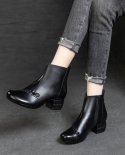 Boots For Women Autumn And Winter New Women's Leather Boots Thick Medium Heel Top Layer Soft Cowhide Women's Boots Round