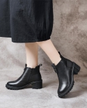  New Autumn And Winter Women's Leather Boots Thick Medium Heel Soft Sole Martin Boots Toe Layer Soft Cowhide Retro Style