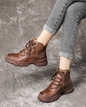Autumn And Winter New Women's Leather Boots Wedge Heel Thick Sole Soft Sole Polished Lace-up Short Boots Round Toe Retro