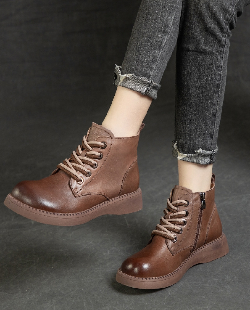 Boots For Women In Autumn And Winter New Style Wedge-heeled Thick-soled Lace-up Martin Boots Soft Cowhide Polished Large
