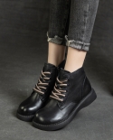 Boots For Women In Autumn And Winter New Style Wedge-heeled Thick-soled Lace-up Martin Boots Soft Cowhide Polished Large