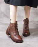  Autumn And Winter New Women's Boots Retro First Layer Soft Cowhide Lace-up Martin Boots Thick Medium Heel Soft Sole Lea
