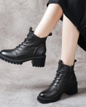  Autumn And Winter New Women's Boots Retro First Layer Soft Cowhide Lace-up Martin Boots Thick Medium Heel Soft Sole Lea