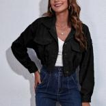 Corduroy Short Jackets For Women  Autumn Winter 2023 New Style Shoulder Off Long Sleeve Fashion Bomber Jacket Women's Co