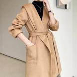 Women Hoodie Woolen Coat For Autumn Winter Water Ripple Doublesided Hooded Wool Outwear With Belt Blends Turndown Collar