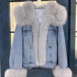 High Grade Real Fox Fur Collar Thick Denim Jacket Cotton Padded Coat For Women Winter Warm Goose Down Coat