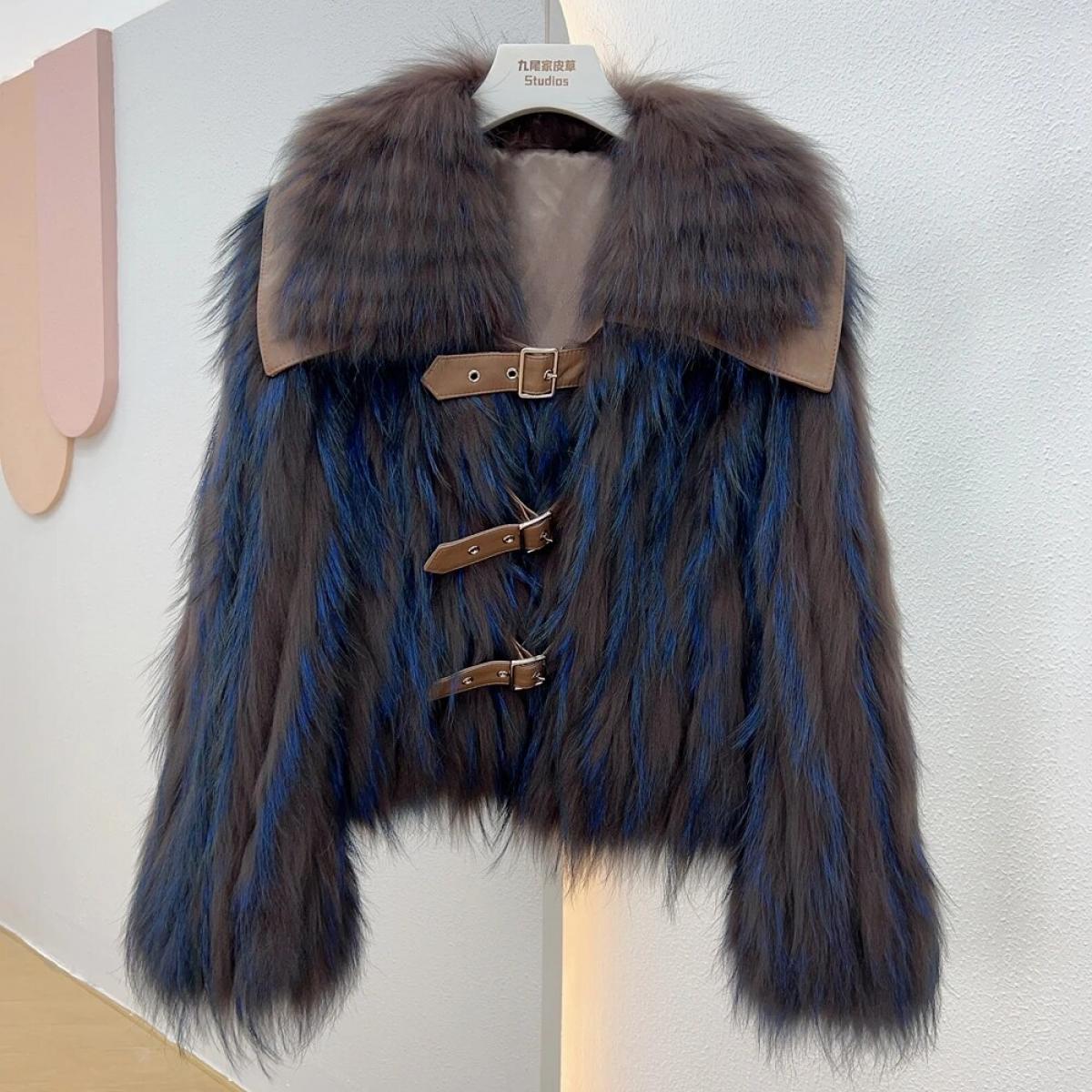 2023 Winter New Fur Strip Sewed Toghter Short Style Thin Raccoon Fur Fox Fur Coat Young Women's Coat