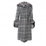Women's Houndstooth Wool Coat Silver Fox Sleeve Real Fox Fur Collar Warm Overcoat Winter Autumn Outerwear  Real Fur