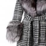 Abrigo de lana de pata de gallo para mujer, abrigo cálido con cuello de piel de zorro Real y manga de zorro plateado, prendas de