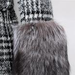 Women's Houndstooth Wool Coat Silver Fox Sleeve Real Fox Fur Collar Warm Overcoat Winter Autumn Outerwear  Real Fur