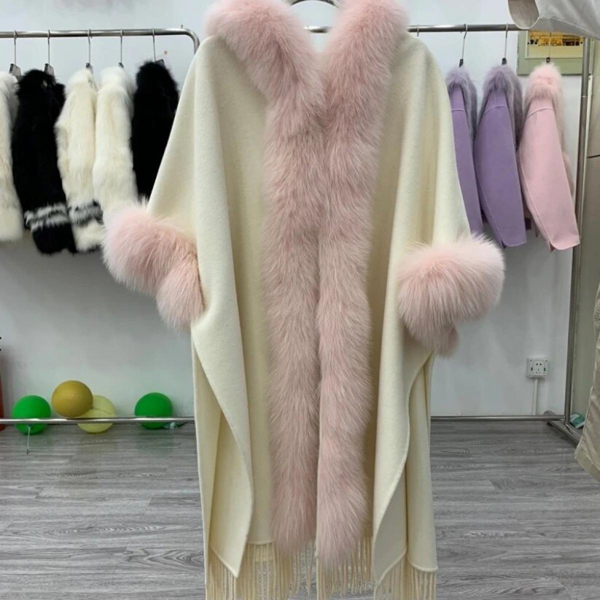 Women Wool Cashmere Blended Plus Size Tassels Coat With Real Fox Fur Trimming Female Luxury Hooded Genuine Fur Coat