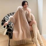 Women Wool Cashmere Blended Plus Size Tassels Coat With Real Fox Fur Trimming Female Luxury Hooded Genuine Fur Coat