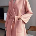 Handmade 100% Wool Women Belts Coat 2023 Autumn Elegant Office Chic Wool Winter Coat Blue Khaki Pink