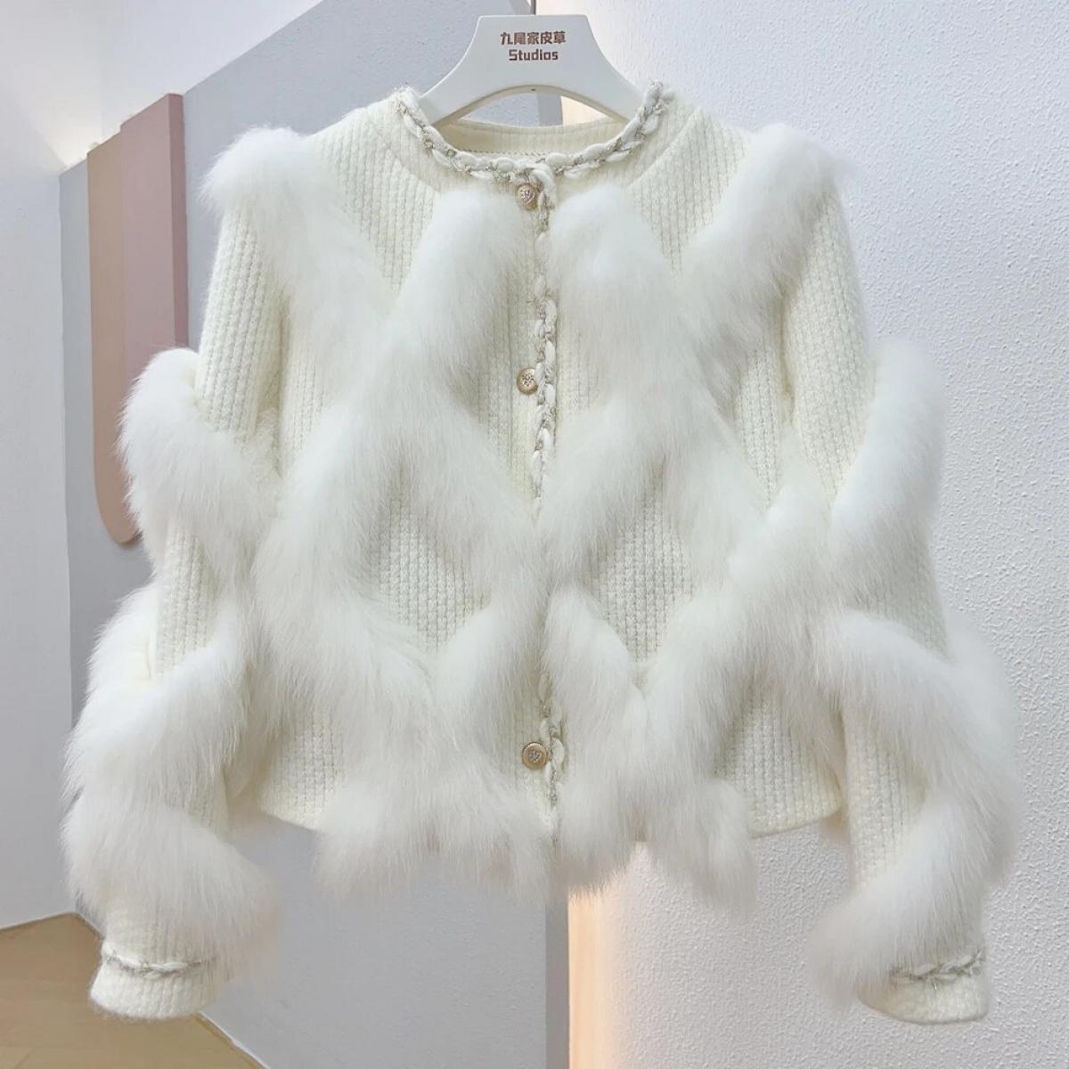2023 Women Natural Fox Fur Fluffy Weave Knitted Sweater Fashion Real Fur Coat Winter Jacket Single Breasted Streetwear