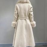 2022 נשים סתיו חורף אופנה slim fit מעיל צמר דו צדדי חגורת חפתים צווארון פרווה שועל אמיתי צמר ותערובות