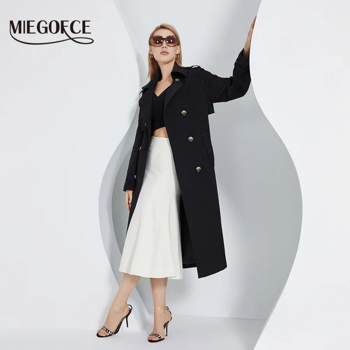 Miegofce 2023 Spring Autumn New British Style Long Windbreaker Lady Solid Color Belted Women Coat Commuter Casual Parka 