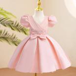Flower Kids Girl Dress Elegant Puff Sleeve Bow Children Party Evening Clothes Princess Performance Costume Formal Prom V