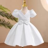 Flower Kids Girl Dress Elegant Puff Sleeve Bow Children Party Evening Clothes Princess Performance Costume Formal Prom V